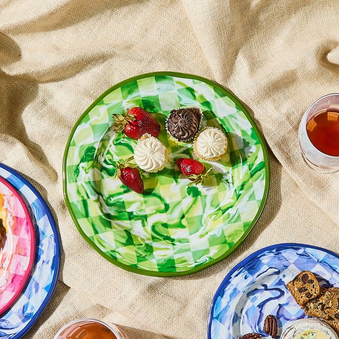 Green Marble Check Melamine Dinner Plates, Set of 4