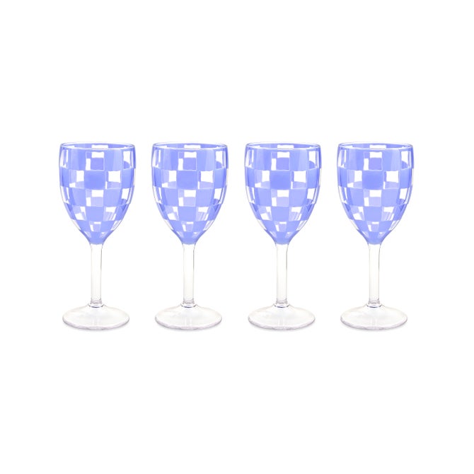 Blue Check Acrylic Wine Goblets, Set of 4