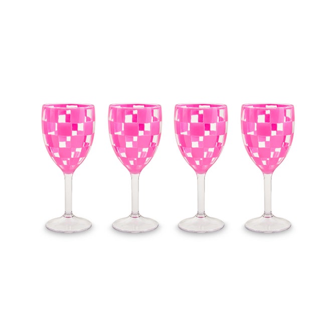 Pink Check Acrylic Wine Goblets, Set of 4