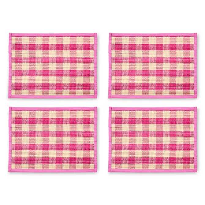 Pink Woven Check Straw Placemats, Set of 4