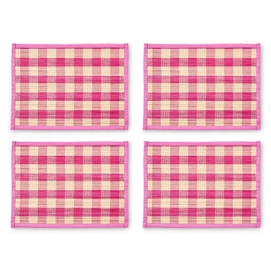 Pink Woven Check Straw Placemats, Set of 4