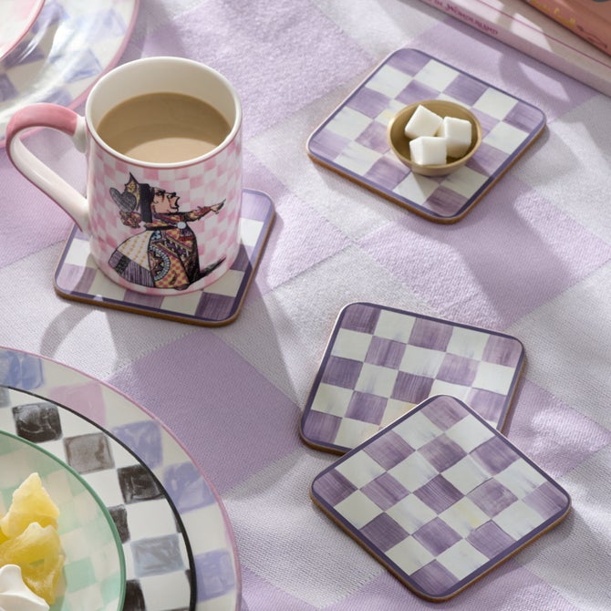 Violet Check Cork Back Coasters, Set of 4