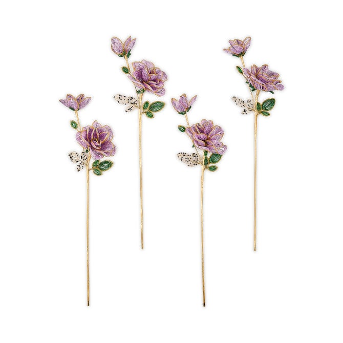 Purple Rose Beaded Flower Stems, Set of 4