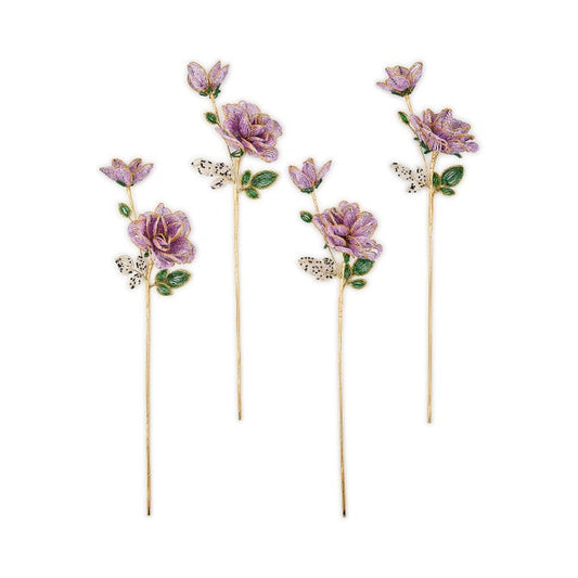Purple Rose Beaded Flower Stems, Set of 4
