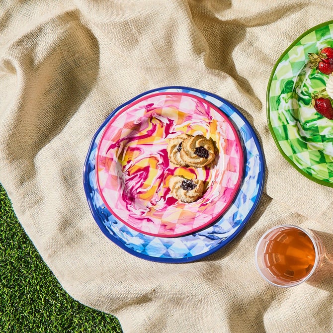 Pink Marble Check Melamine Salad Plates, Set of 4