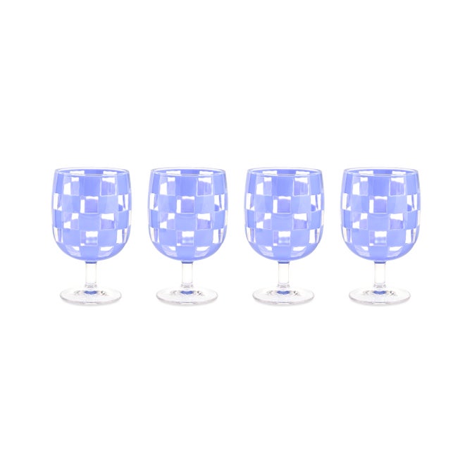 Blue Check Acrylic Water Goblets, Set of 4