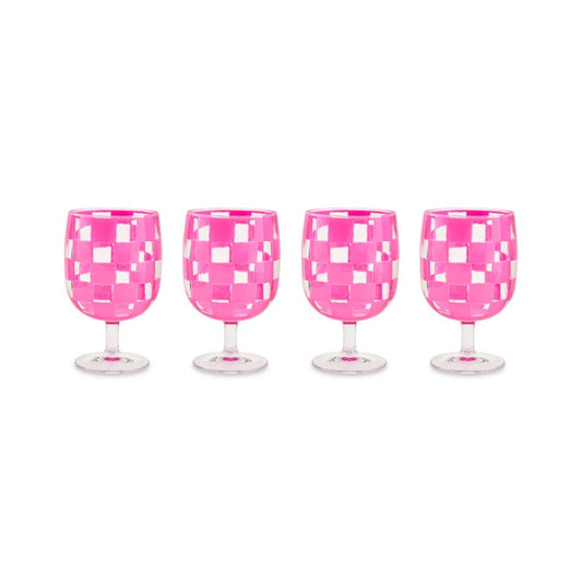 Pink Check Acrylic Water Goblets, Set of 4