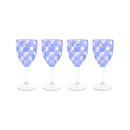 Blue Check Acrylic Wine Goblets, Set of 4