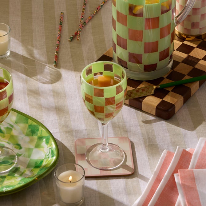Green Check Acrylic Wine Goblets, Set of 4