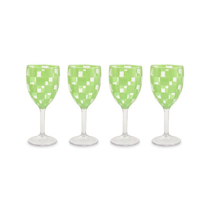 Green Check Acrylic Wine Goblets, Set of 4